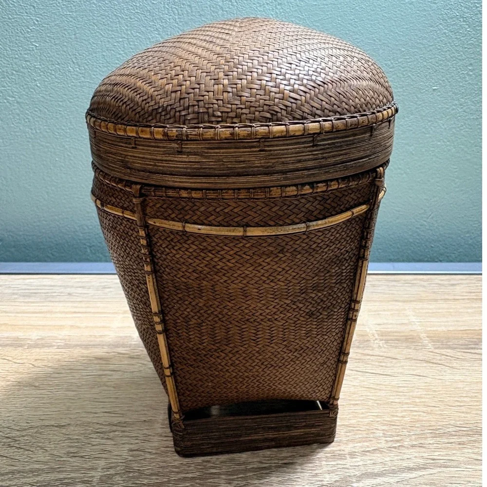 Vintage Woven Asian Bamboo Rice Basket with Lid Tapered Decorative Brown 6 Inch